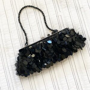 Vintage Black Disc Sequin Evening Party Clutch Bag with Detachable Chain